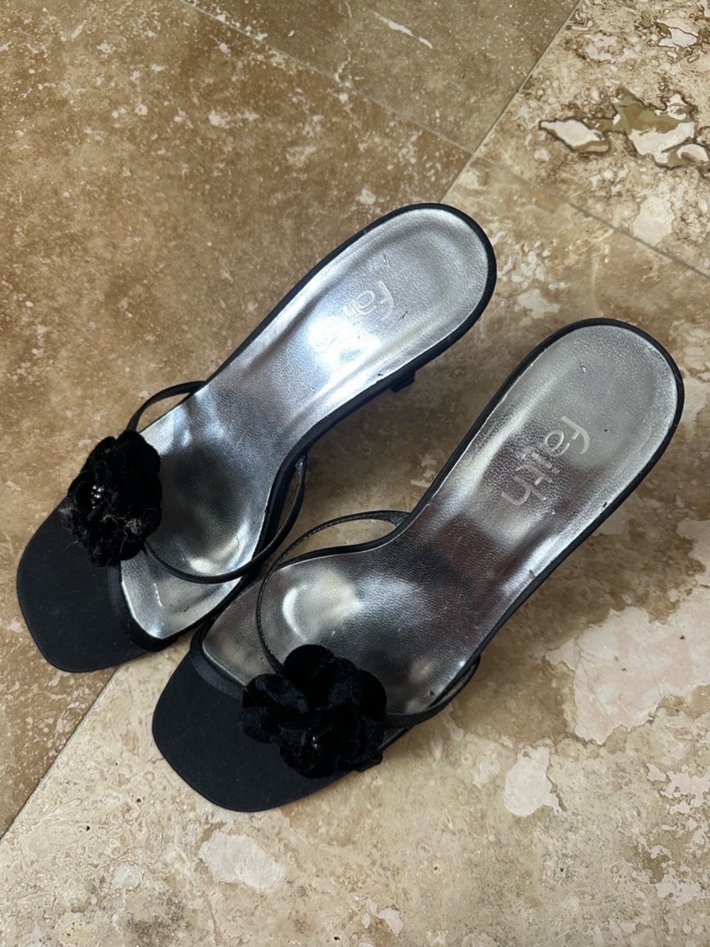 Black Floral Slip-On Heels for Women